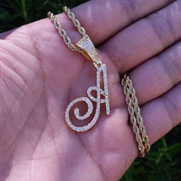18"Rope Chain - Gold Finish Cursive Initial A. - Picture 6 of 9